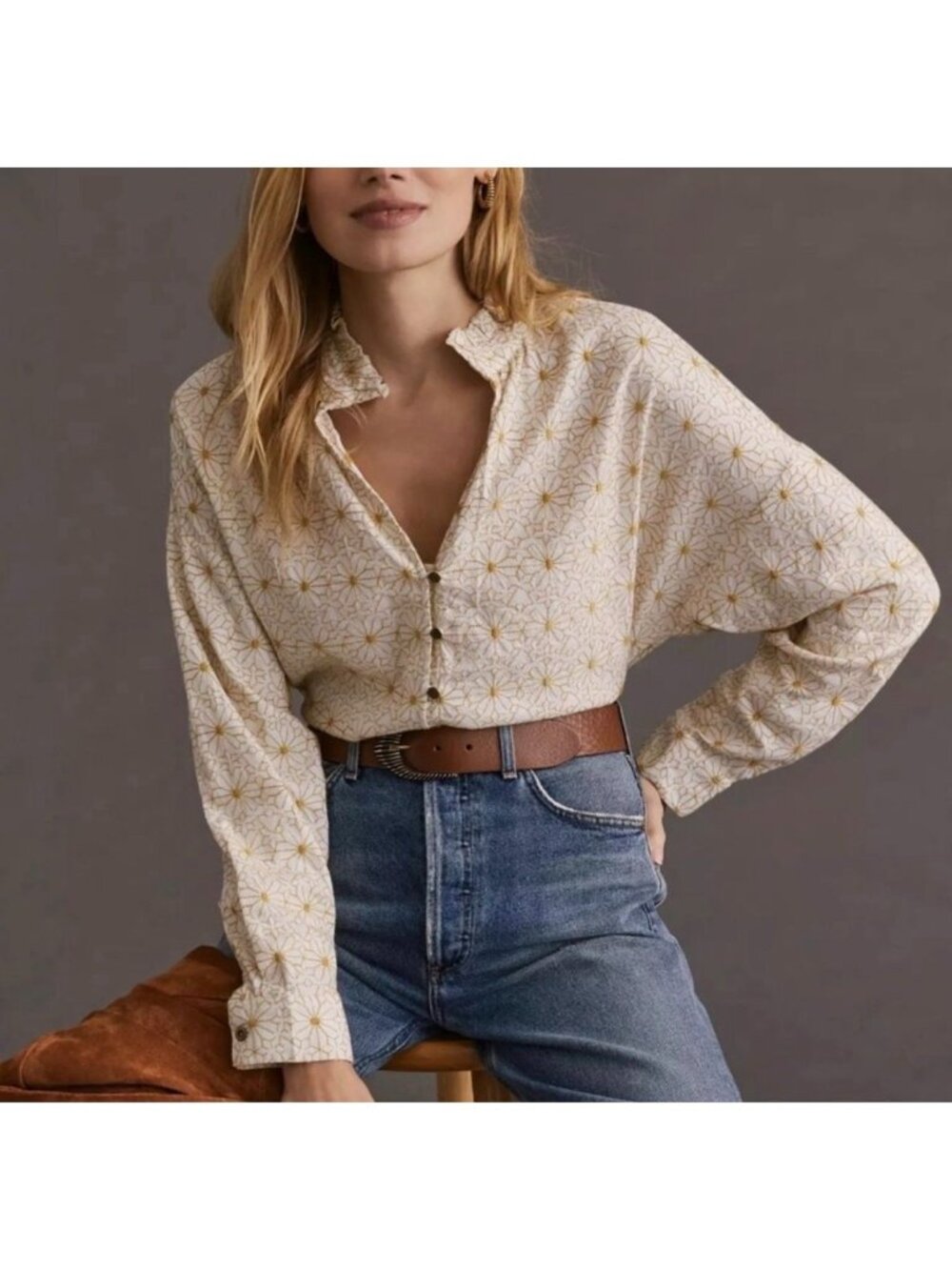 Anthropologie Pilcro Yellow Embroidered Button Up The Tavi Daisy Top size Medium